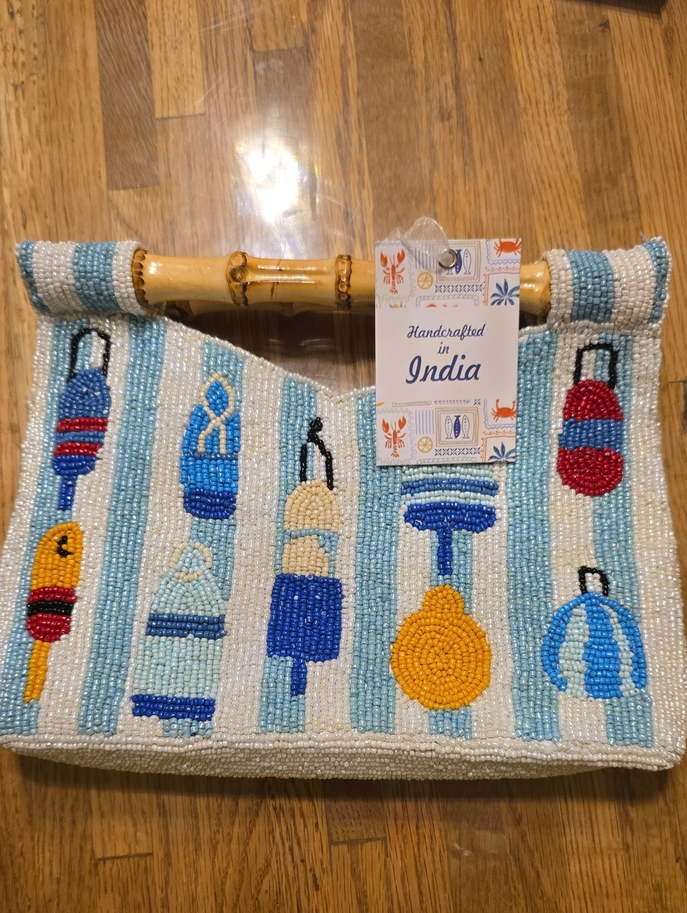 NWT. Handcrafted India Beaded Beach Bag with Bamboo Handle - Blue, White, Yellow